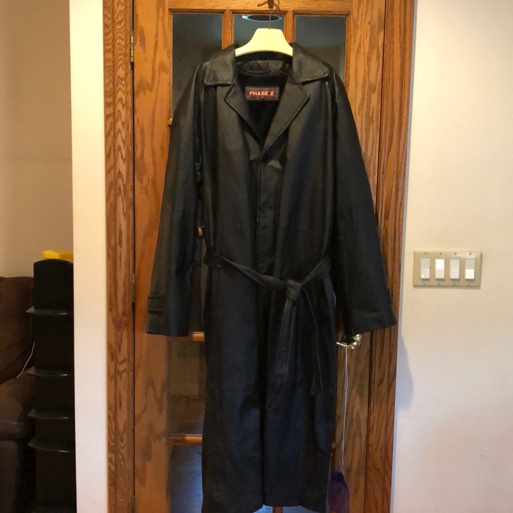Full length men leather coat with zip in liner